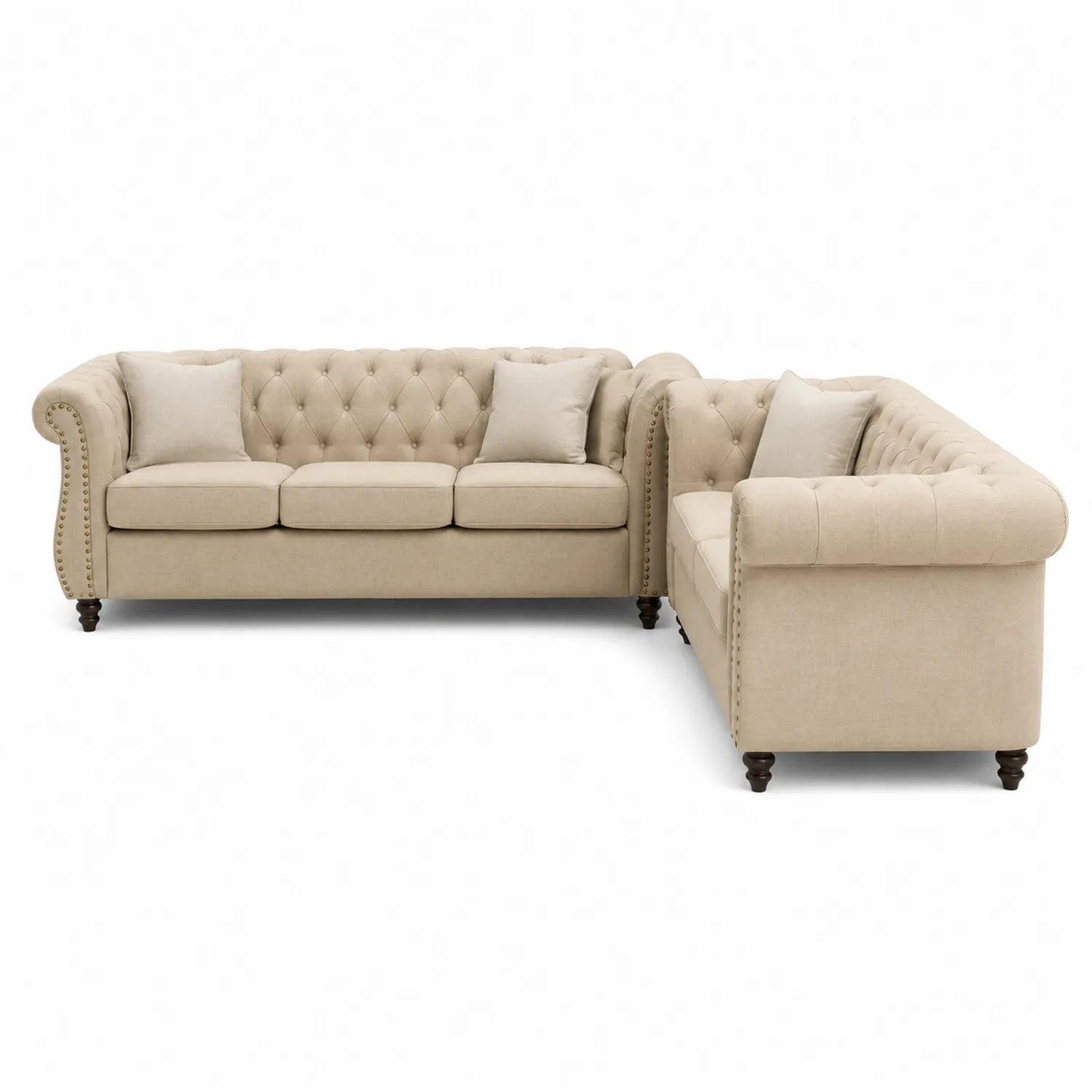 Sofá seccional en forma de L beige de poliéster y madera
