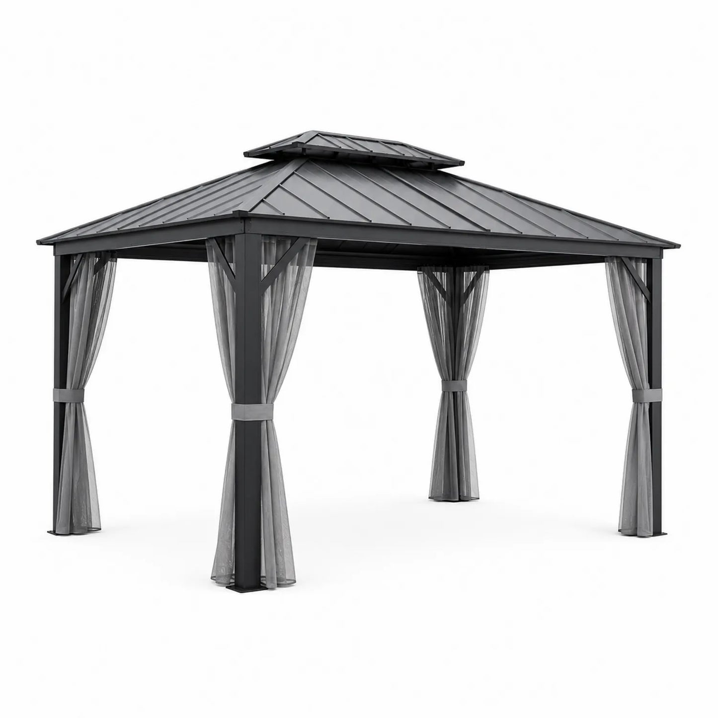 Pérgola de aluminio con techo de acero y cortinas de poliéster 3x4 m Negro