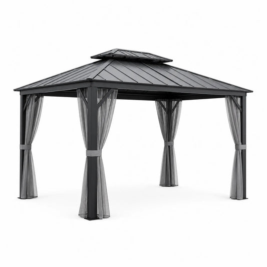 Pérgola de aluminio con techo de acero y cortinas de poliéster 3x4 m Negro