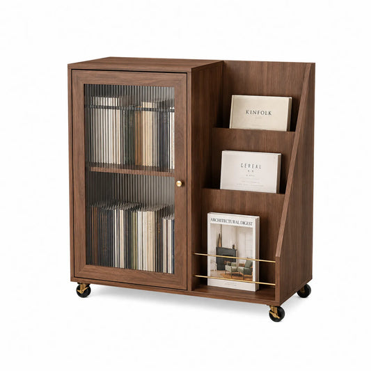 Estantería de madera con puerta de vidrio y ruedas