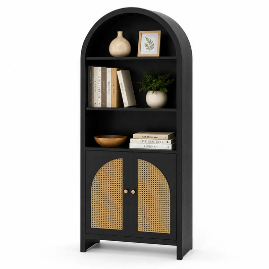 Estantería MDF Negro con Puertas de Ratán 180x80x30 cm
