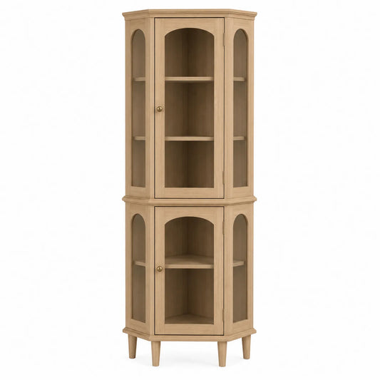 Vitrina esquinera de madera con puertas de vidrio, Color Roble, 180 cm de alto