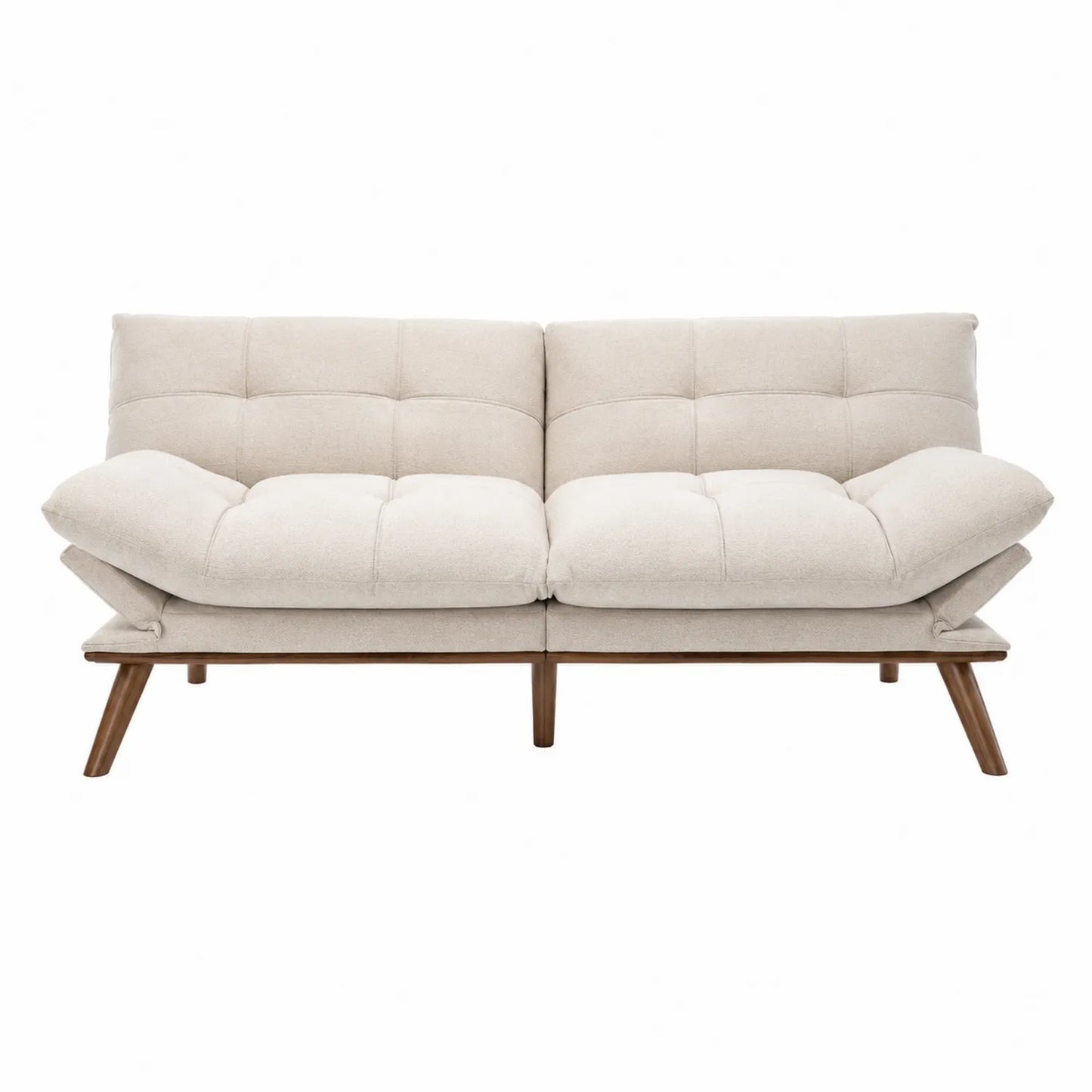 Sofá cama de tela beige con patas de madera