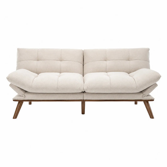 Sofá cama de tela beige con patas de madera