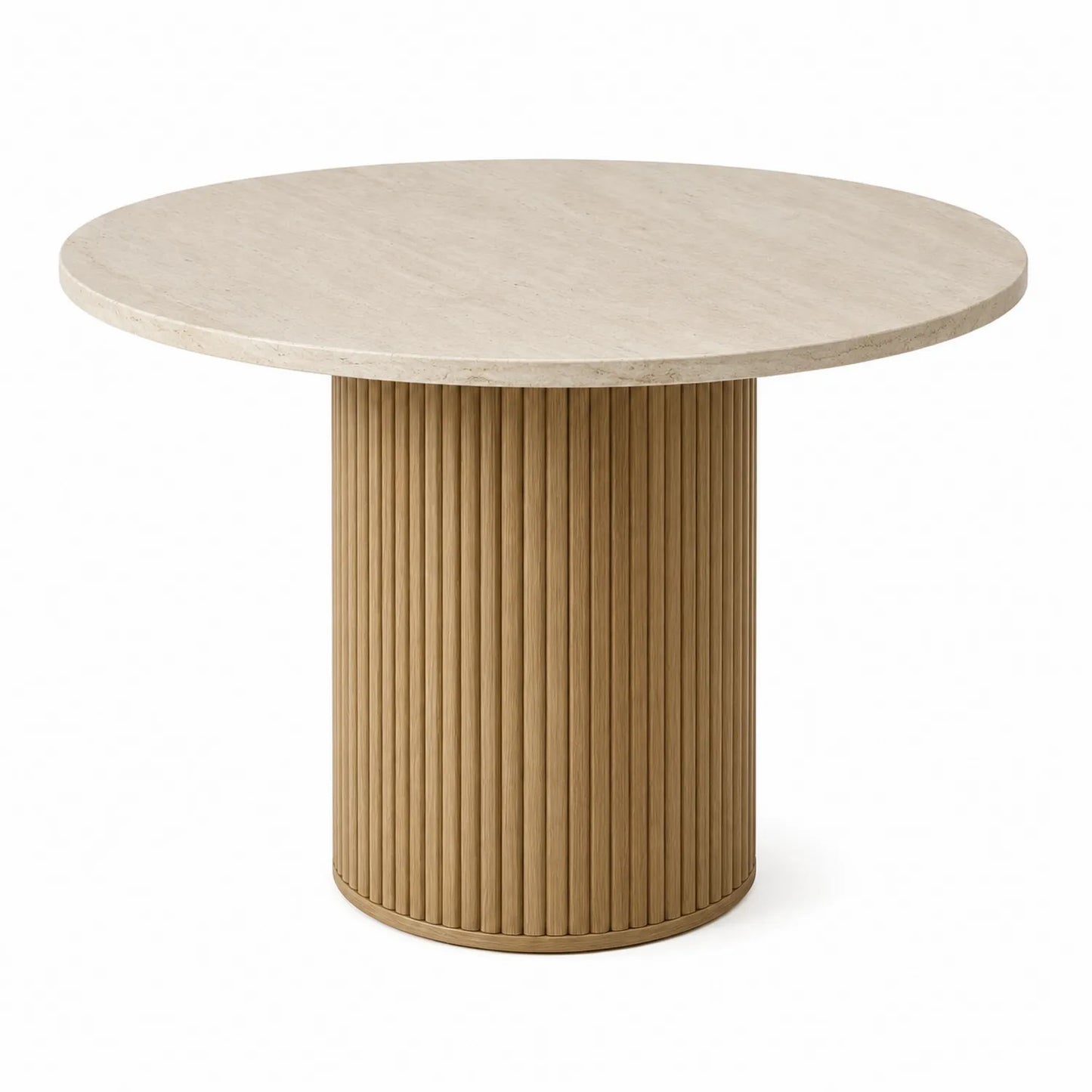 Mesa de comedor redonda de mármol travertino y roble