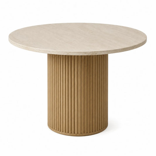 Mesa de comedor redonda de mármol travertino y roble