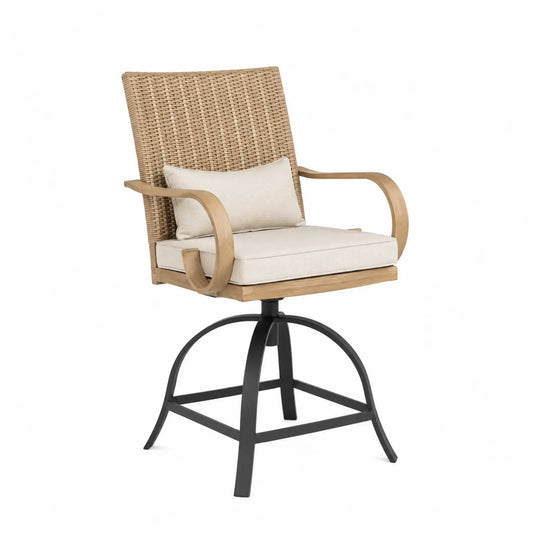 Silla Giratoria de Ratán Sintético y Acero con Cojines Beige
