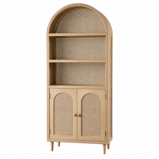 Estantería de madera maciza con puertas de ratán y arcos 180cm